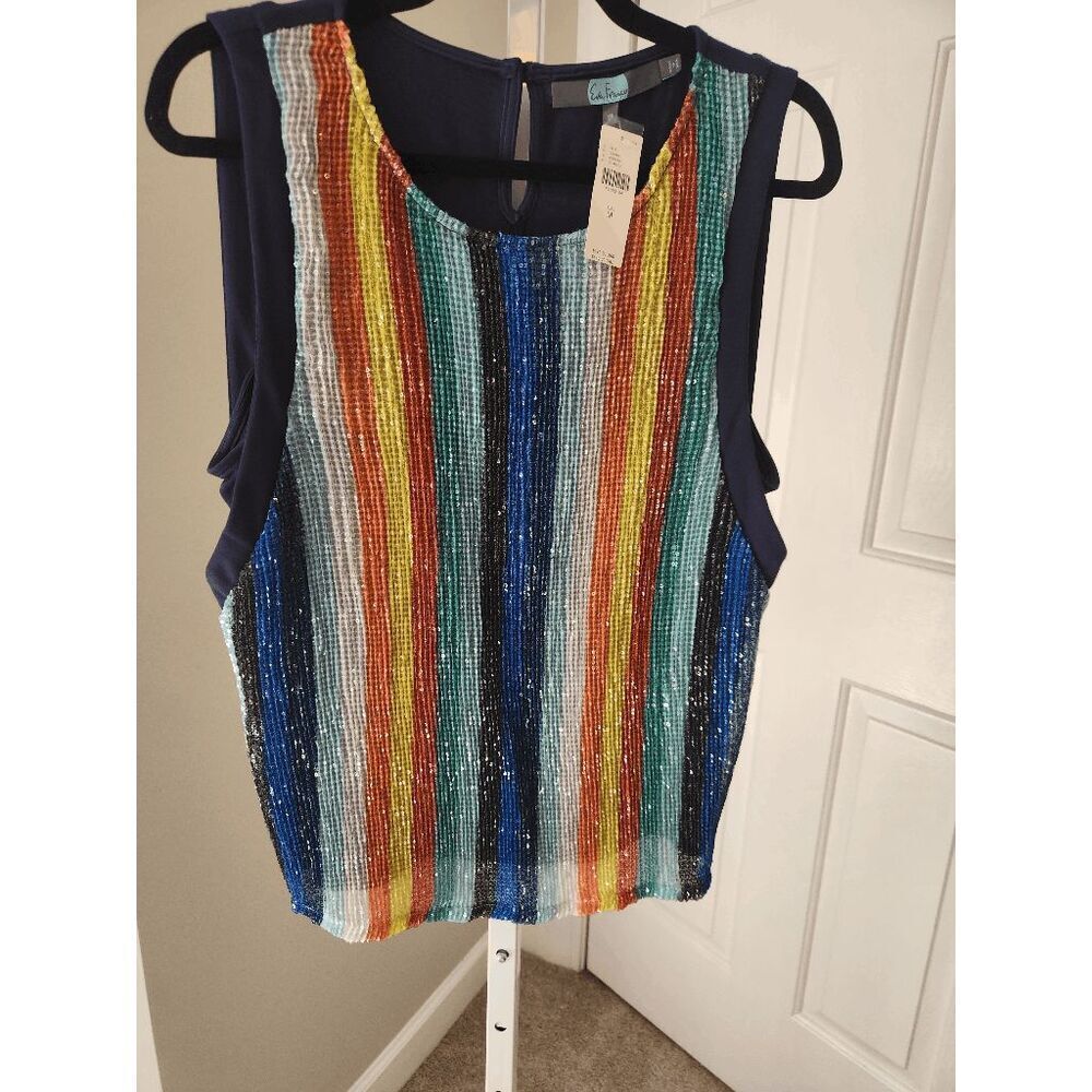 Eva Franco Coconinno Rainbow Sequin Stripe Keyhole Sleeveless Top - Medium - Picture 2 of 9